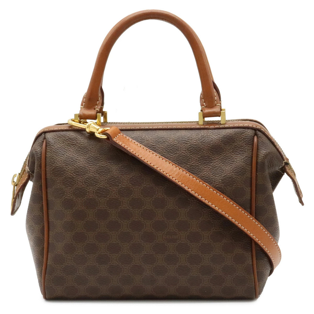 Celine Macadam Handbag Boston Bag Shoulder Leather Brown Dark